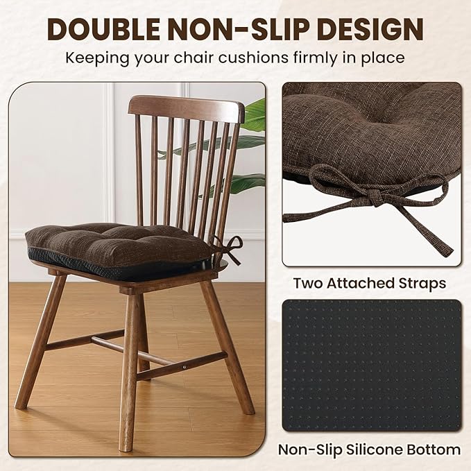 downluxe Indoor Chair Cushions for Dining Chairs, Tufted Overstuffed Textured Kitchen Chair Pads with Ties and Non-Slip Backing, 16.5" x 16.5" x 4", Brown, 4 Pack