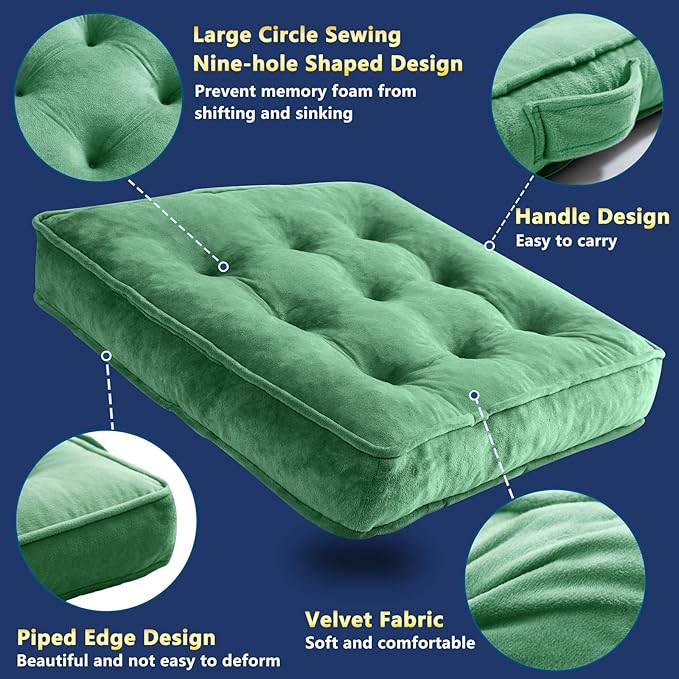 1 MIDDLE ONE Floor Pillow Set of 2, Memory Foam Meditation Cushion, Floor Cushions for Adults Sitting, Large Square Seat Cushions for Yoga, Living Room, 20x20 Inch (Green)