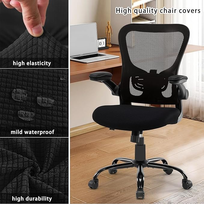 Universal Chair Covers Waterproof Stretchable Office Chair Cover Washable Computer Chair Slipcover for Desk Chairs Dining Chair Seat Cushion Protectors Black