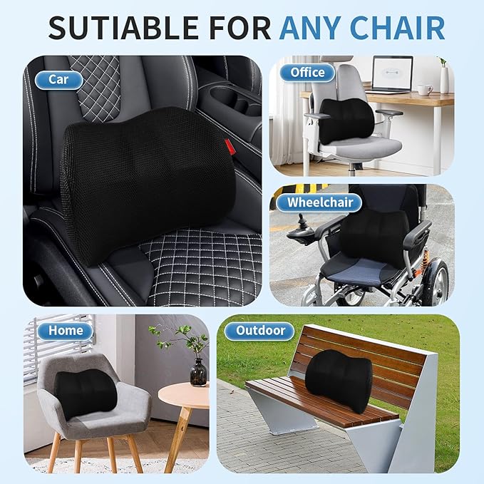 Lumbar Support Pillow for Car, Office Chair, and Gaming, Memory Foam Back Support for Lower Back Pain Relief, Ergonomic with Breathable Removable Mesh Cover, Black