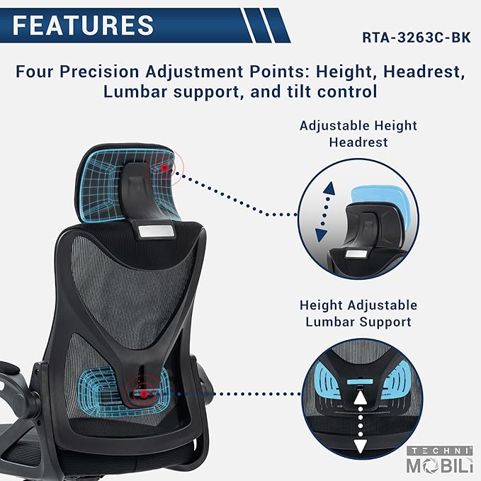 Ergonomic Office Chair with Adjustable Lumbar Support & Headrest, Height Adjustable High Back Mesh Desk Chair with Wheels and Flip Up Arms, Black