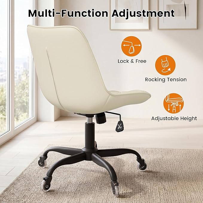 Armless Office Chair, Mid Back Modern Desk Chair with Rubber Wheels, 360 Swivel PU Leather Office Chair No Arms, Adjustable Height Small Computer Chair, Armless Desk Chair for Office, White