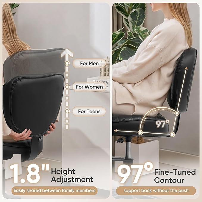 Criss Cross Office Chair with Wheels, Adjustable-Height Backrest & Swivel Footrest, Ergonomic Cross Legged Office Chair with Leg Rest for Kneeling Meditation Yoga ADHD (Black Leather)
