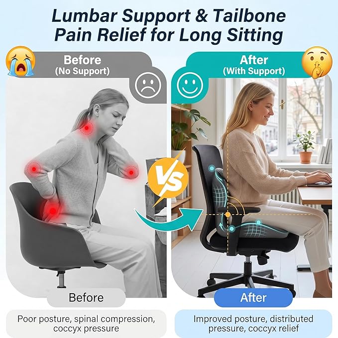 Ergonomic Office Chair Seat Cushion, L-Shaped Memory Foam Coccyx Cushion for Tailbone Pain Relief, Orthopedic Car Seat Cushion with Lumbar Support & Cutout Hollow for Sciatica & Back Pain (Grey