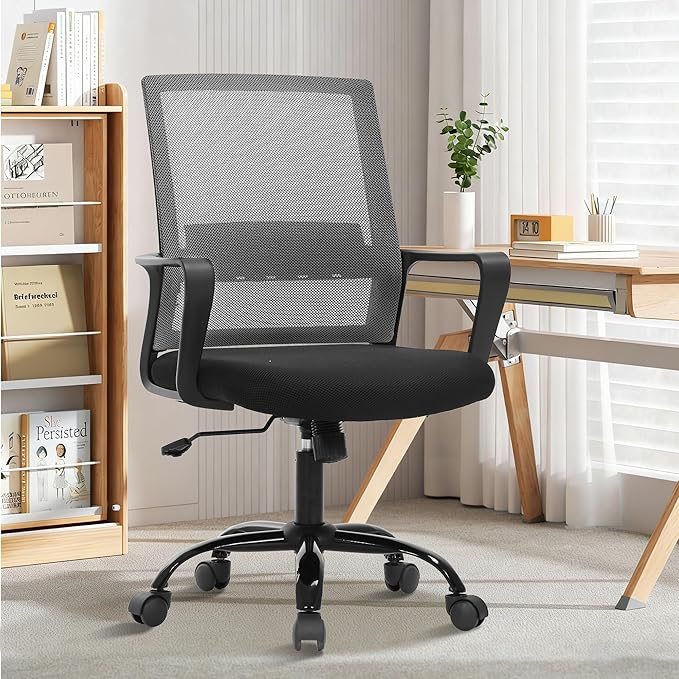Ergonomic Office Chair, Comfortable Home Desk Chair, Breathable Mesh Back Computer Chair and Lumbar Support, Adjustable Height, Sponge Seat, Grey
