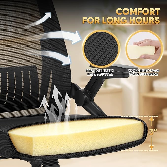 Magshion Ergonomic Office Chair with Flip-up Armrests & 3D Headrest, Swivel Mesh Desk Chair Executive Computer Chair for Home Office Study, 260 LBS Capacity, Black