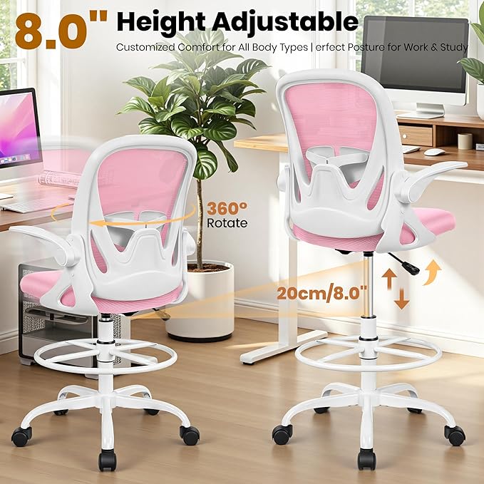 Primy Drafting Chair Tall Office Chair with Flip-up Armrests Executive Ergonomic Computer Standing Desk Chair with Lumbar Support and Adjustable Footrest Ring (Pink)