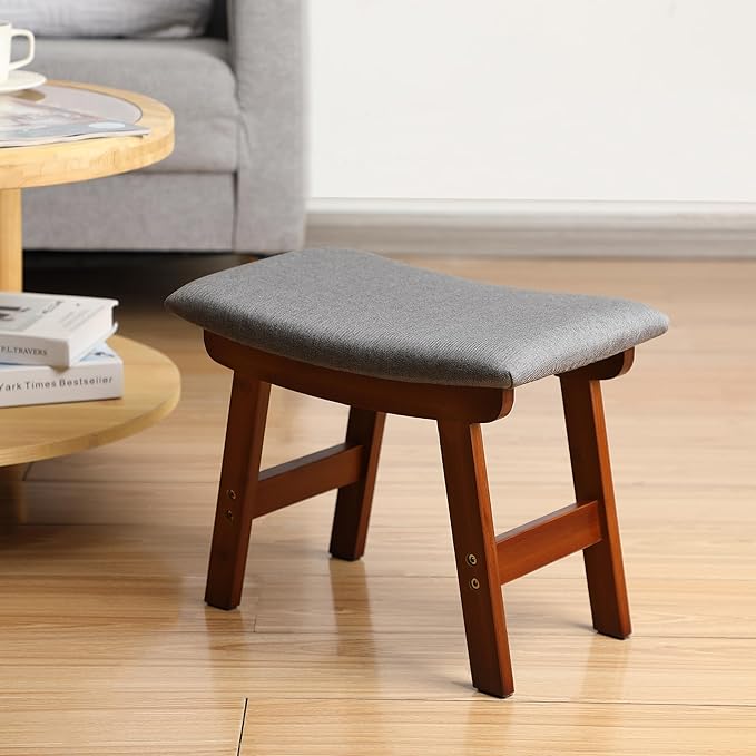 BAMBOO LAND- Bamboo Foot Stools Ottoman, Gray Cushion & Brown Wood Legs, Small Ottoman Foot Rest for Couch
