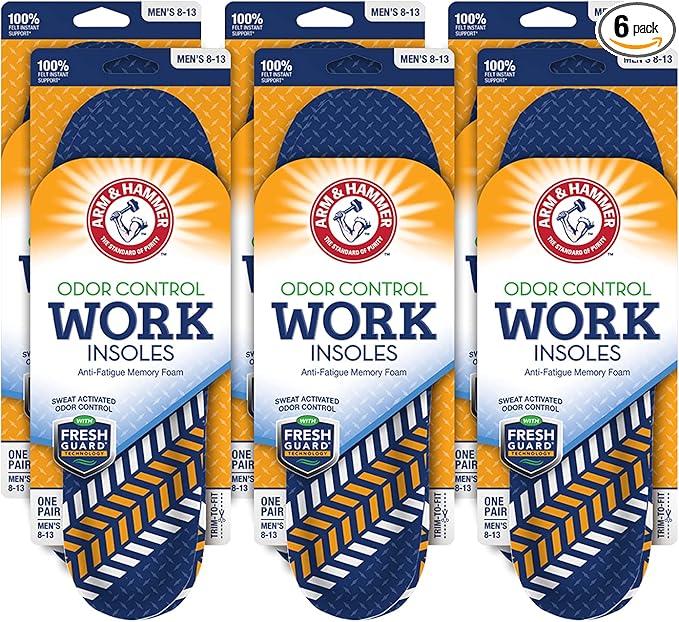 Arm & Hammer Anti-Fatigue Memory Foam Odor Insoles for Work Boots - Arch Support Boot Odor Eater Insole Inserts for Men and Women, Ideal for Plantar Fasciitis, Sole Insoles for Relief - 6 Pack