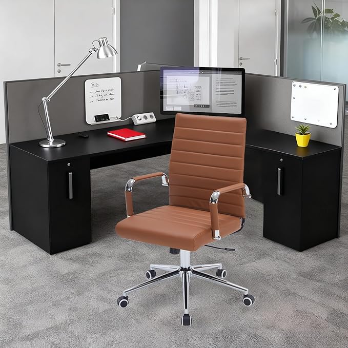 Brown Leather Ribbed Office Desk Chair, Ergonomic Mid-Back Executive Conference Room Chairs with Wheels, Adjustable Swivel Computer Task Chair with Arms and Thick Padded Seat