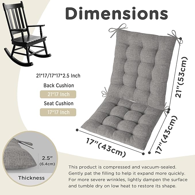 AddGrace Rocking Chair Cushions Indoor Tufted Cushions for Rocking Chairs with Ties Comfortable Textured Fabric Set of Seat & Back Cushion 21x17/17x17 Light Grey