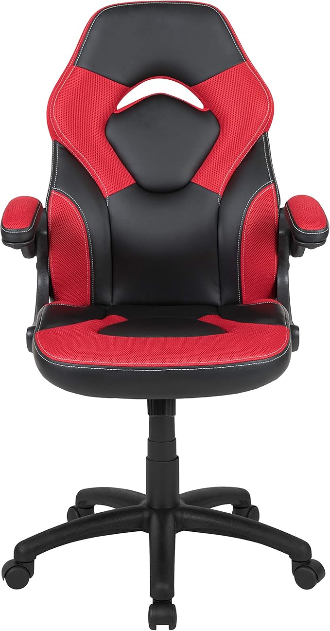 Flash Furniture X10 High-Back LeatherSoft Racing Style Gaming Chair with Flip-Up Arms, Ergonomic Padded Swivel Computer Chair, Red/Black