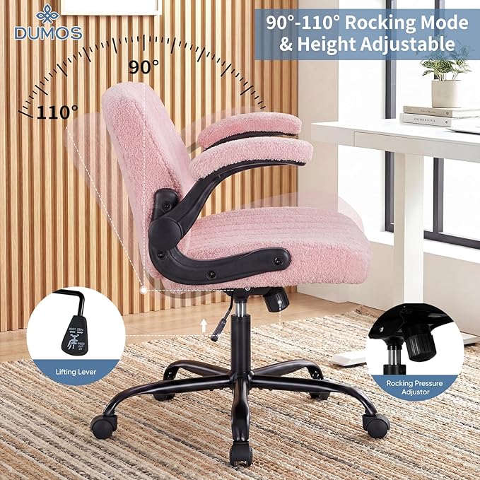 DUMOS Criss Cross Home Office Chair with Wheels, Wide Cross Legged Desk Vanity Chair Comfy Fabric Flip-Up Armrests Adjustable Swivel Chairs for Home Computer Bedroom, Teddy Pink