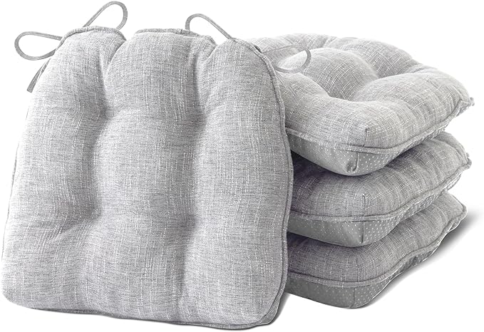 IPYNBAP Chair Cushions for Dining Chairs Set of 4, Kitchen Chair Cushions, Chair Pads with Ties and Non Slip Backing, Tufted Memory Foam Seat Cushion 4 Pack, 15.5" x 15.5" x 4", Light Gray