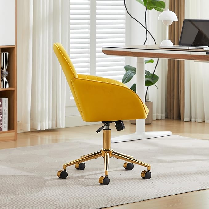Velvet Home Office Desk Chair, Modern Cute Computer Task Chair with Back, Height Adjustable Upholstered Vanity Chair with Swivel Wheels for Women, Girls (Gold Base, Lemon Yellow