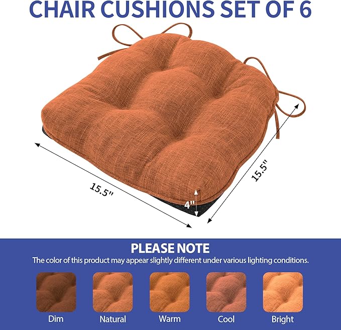 IPYNBAP Chair Cushions for Dining Chairs Set of 6, Kitchen Chair Cushions, Chair Pads with Ties and Non Slip Backing, Tufted Memory Foam Seat Cushion 6 Pack, 15.5" x 15.5" x 4", Orange