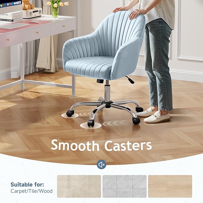 Warmiehomy Velvet Desk Chair for Home Office, Girls' Vanity Chairs with Arm Rest, Office Chair with Wheels, Computer Chair for Room, Velvet Dusk Blue
