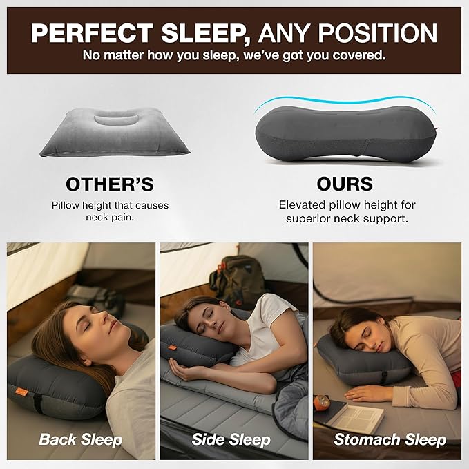 Inflatable Camping Pillow - Ultralight Compact Air Pillow for Travel, Backpacking & Hiking - Ergonomic Neck & Lumbar Support - Portable Inflatable Pillow with Removable Washable Cover - (Grey 2 Pack)