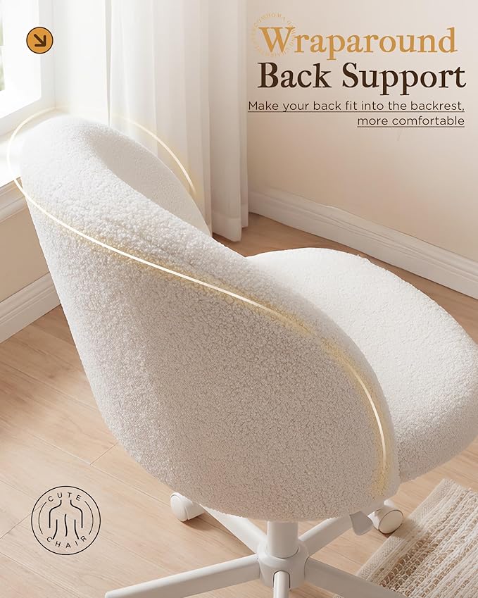 COMHOMA Vanity Chair with Wheels Velvet Tall Office Chair with Back,Armless Desk Chair Comfy Height Adjustable, Soft Lumbar Support for Girls Bedroom Home Vanity Bow Pillow for Gift,White