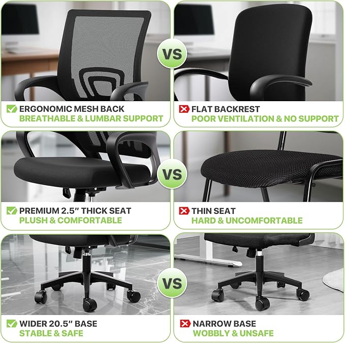 Magshion Ergonomic Office Chair 10 Pack, Mid-Back Mesh Desk Chair, Adjustable Swivel Computer Chair with Lumbar Support & Breathable Backrest for Gaming, Work, Study, 300 Lbs Capacity, Black