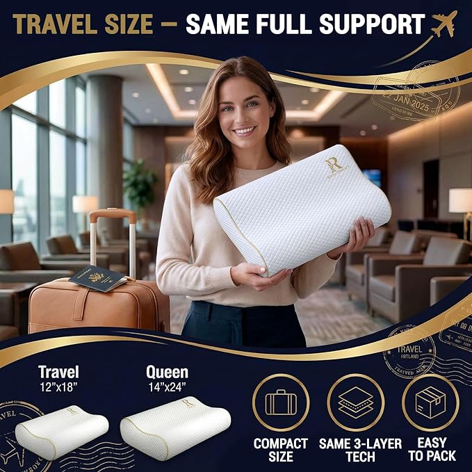 Royal Therapy 2-Pack Travel Memory Foam Pillow, Camping, Cervical for Pain, Contour, Pillow for Neck and Shoulder, Neck