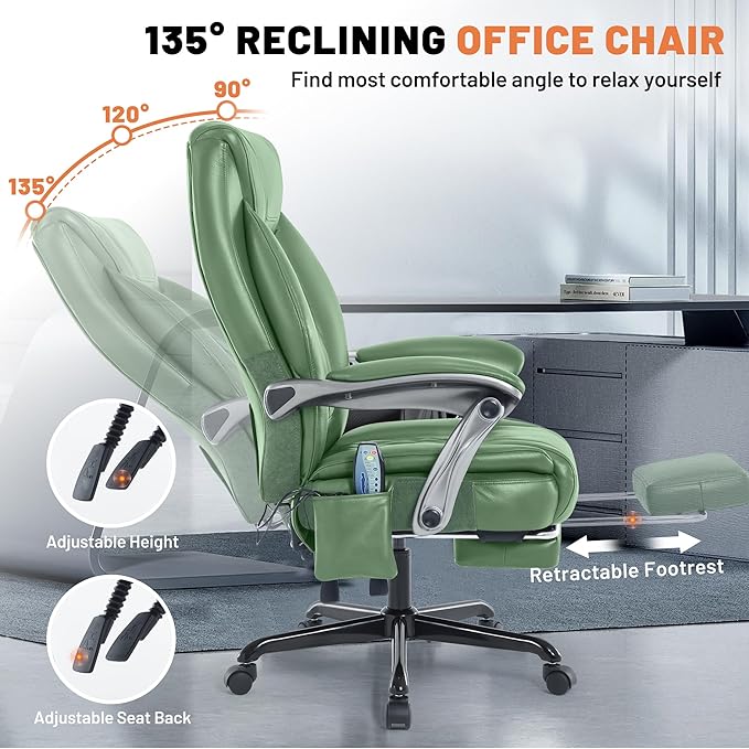 Massage Office Chair with Heat & Foot Rest, 6 Points Vibration, Ergonomic Executive Reclining Desk Chair, PU Leather Padded Seat for Home Office Comfort