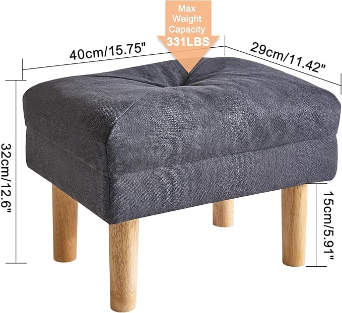 YMYNY 15.75" Small Foot Stool Ottoman, Footrest with Sponge Soft Padded Seat, Cotton-Linen Blend Fabric Footstool for Sofa, Bedroom, Living Room, Entryway, Solid Wood Legs, Dark Grey UHBD023BG
