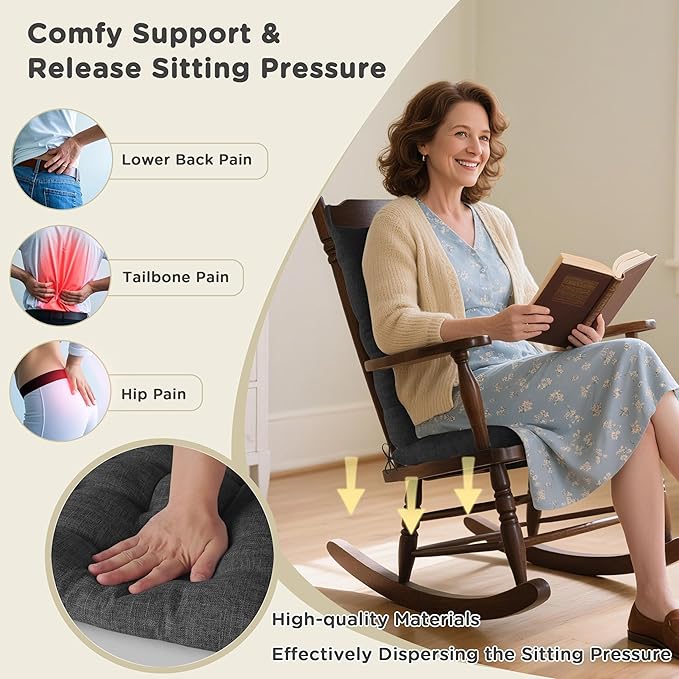 AddGrace Rocking Chair Cushions Indoor Tufted Cushions for Rocking Chairs with Ties Comfortable Textured Fabric Set of Seat & Back Cushion 21x17/17x17 Black