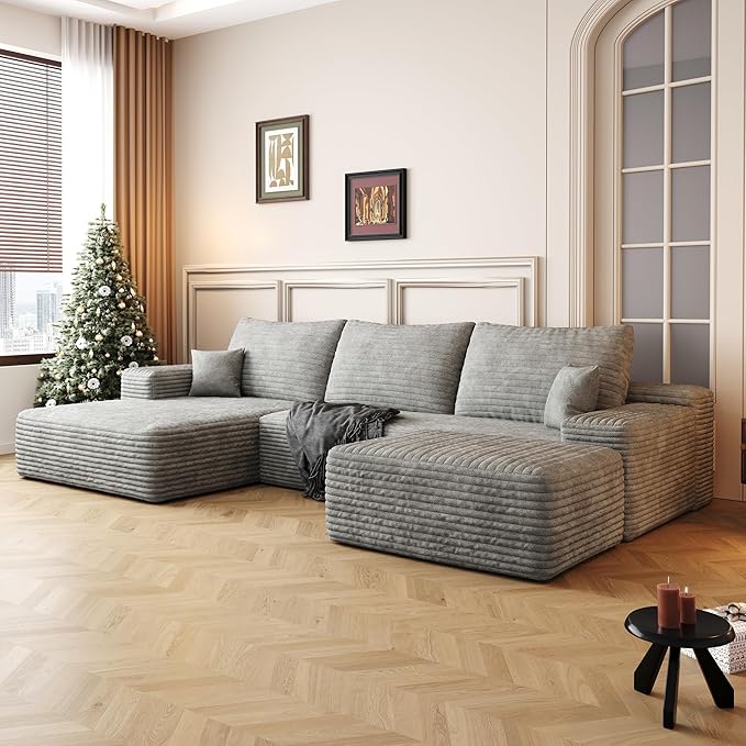 107" U Shaped Cloud Corduroy Couch with Ottoman, Comfy Sectional Boneless Couches for Living Room Bedroom, Deep Seat Sleeper Compression Sofa, No Assembly, Left Facing Chaise, Grey