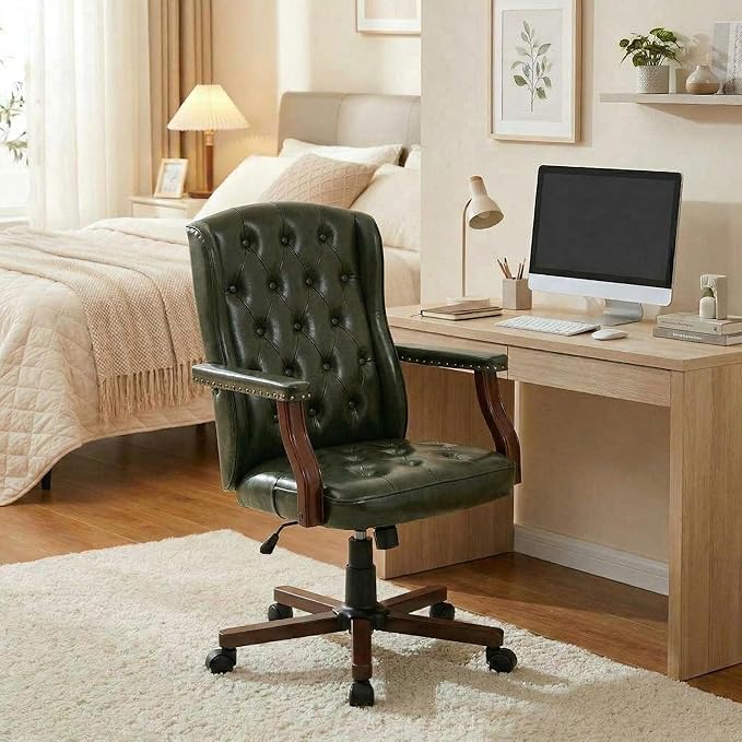 Executive Office Chair, Ergonomic Faux Leather Desk Chair with Wingback Design, Swivel Adjustable Home Office Chair for Computer Desk, Comfortable Task Chair for Home Office, Dark Green