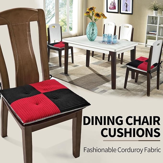 Office Stacking Chair Cushion with Ties, Corduroy High Density Foam Non-Slip Kitchen Seat Cushion, Square 17" x 17" Indoor Dining Chair Pads, Black+ Red, 1 PCS