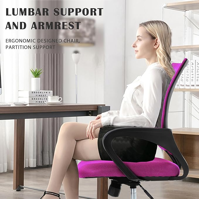 Office Chair, Adjustable Computer Chair with Lumbar Support, Office Desk Chair with Breathable Mesh Backrest, Home Office Desk Chairs for Student, Adults, Study, Dorm, Small Computer Chair (Pink)
