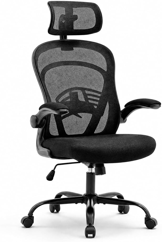 Ergonomic Mesh Office Chair, High Back Desk Chair with Adjustable Lumbar Support & Headrest, Flip-Up Armrests, 300 Lbs Capacity, Swivel Rocking Computer Chair for Home Office Study Bedroom Black