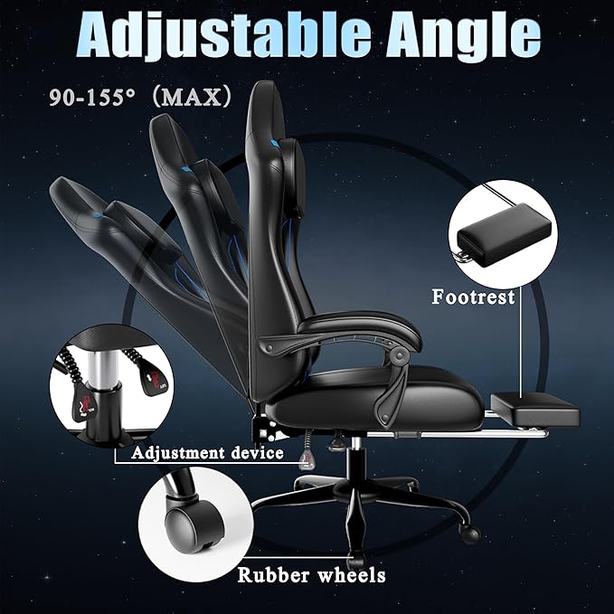 Ergonomic Gaming Chair, Video Game Chair with Pocket Spring Cushion and Footrest, Height Adjustable Computer Chair with Swivel Seat and Headrest (Blue)