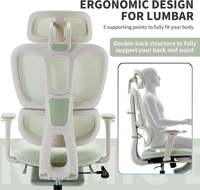 Ergonomic Office Chair with Footrest, 90-135° Reclining High Back Desk Chair with Lumbar Support, 2D Headrest, 2D Armrests, Computer Chair for Long Hours, Green