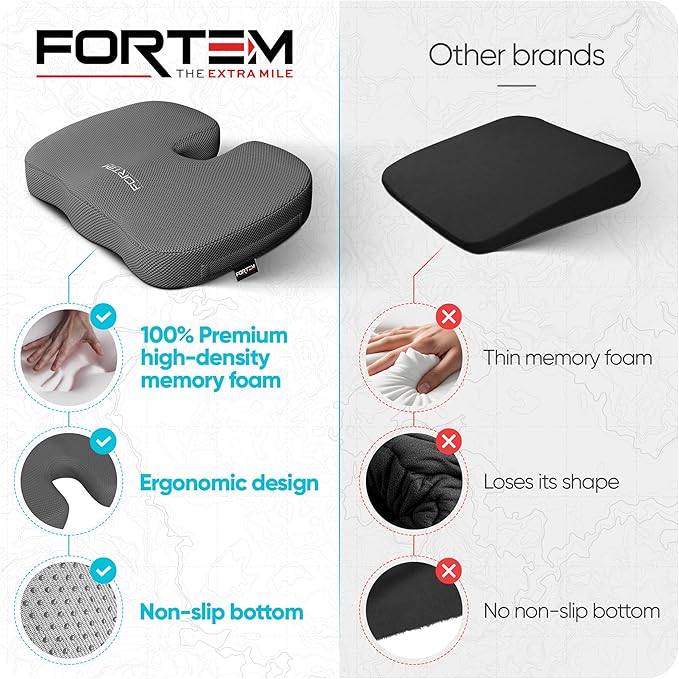 FORTEM Seat Cushion, Office Chair Cushion, Memory Foam Car Seat Cushions, Sciatica Coccyx Tailbone Pain Relief, Chair Cushions for Back Support, Sitting Pad for Gaming, Washable Cover, Non Slip, XL