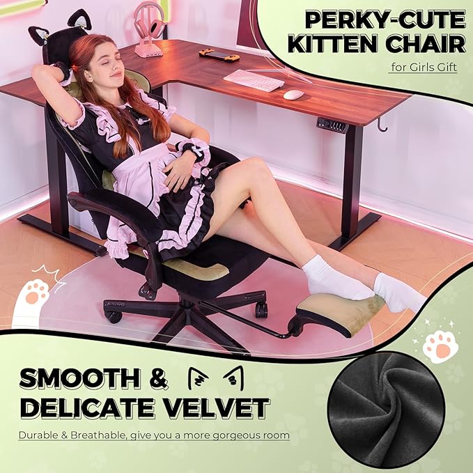 Gaming Chair Cute with Cat Ears Ergonomic Computer Chair with Dog Embroidery Adjustable Memory Foam Lumbar Support and Headrest Comfortable Reclining Office Chair for Girls, Teens, Women