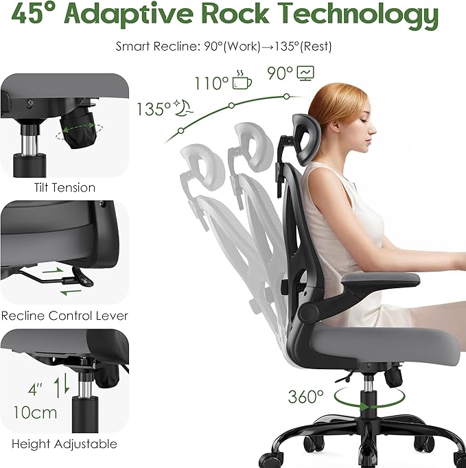 Office Chair Ergonomic Desk Chair - Mesh High Back Office Chair with Headrests Wheels Lumbar Support Home Desk Office Chairs Flip up Armrest Executive Rolling Computer Chair Black Gray 2 Pack
