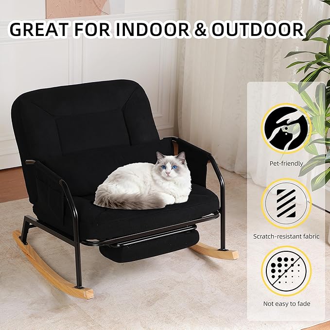 Oversized Reclining Rocking Chair with Foot Rest, 110°–160° Adjustable Backrest, Upholstered Armchair with Side Pocket for Nursery and Living Room, Black