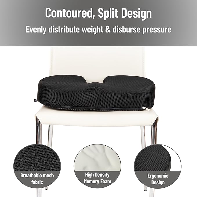 Mind Reader Memory Foam Seat Cushion with Air-Cloud Technology, Sciatica, Coccyx & Hip Pain Relief, Office, Memory Foam, Black