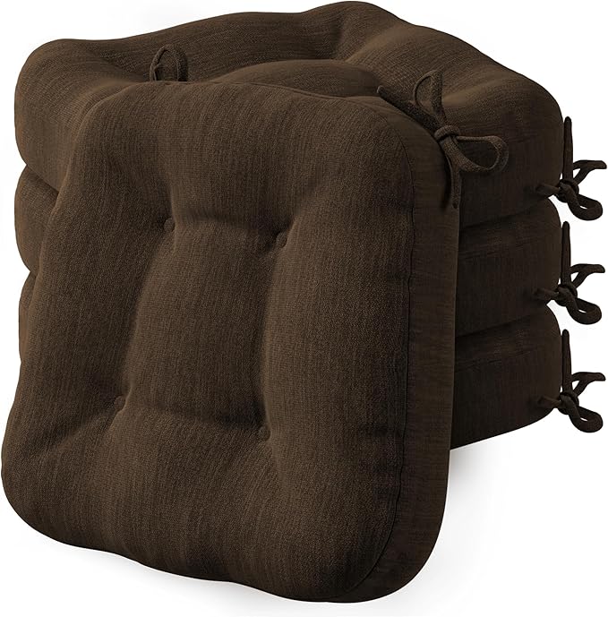 Codi Dining Chair Cushions 4 Pack, Thick Chairs Pads for Indoor Kitchen Room - Washable, Non-Slip Memory Foam Seat Cushion with Ties, 16.5"x16.5"x 3.5", Set of 4, Brown New