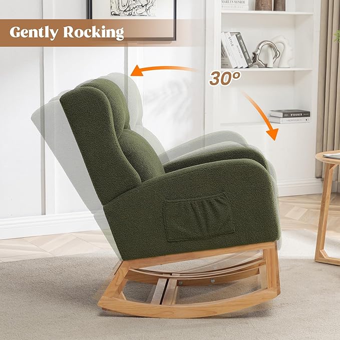 HCHAIRH Rocking Chair Nursery, Nursing Rocking Chairs for Mom Nursery, Comfy Wingback Teddy Glider Rocking Armchair with Foot Rest and Side Pocket for Nursery Living Room Bedroom, Green