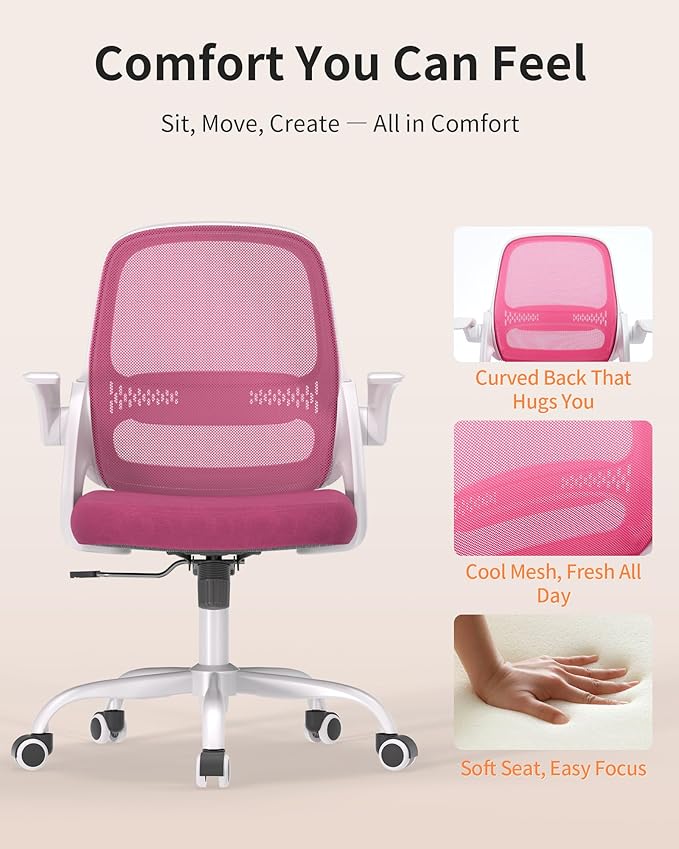 Ergonomic Mesh Office Chair with Flip-Up Arms, Adjustable Height, Breathable Mesh Back & Thick Cushion Seat, 360° Swivel Rolling Computer Desk Chair, BIFMA Certified, Supports 300 lbs (Pink)