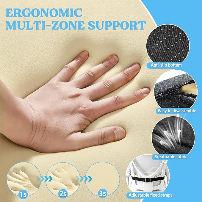 3-in-1 Memory Foam Seat Cushion & Headrest Pillow with Lumbar Support L-Shaped Ergonomic Driver Seat Cushions Design for Sciatica and Tailbone Pain Relief Comfort for Car, Truck,Office,Chair