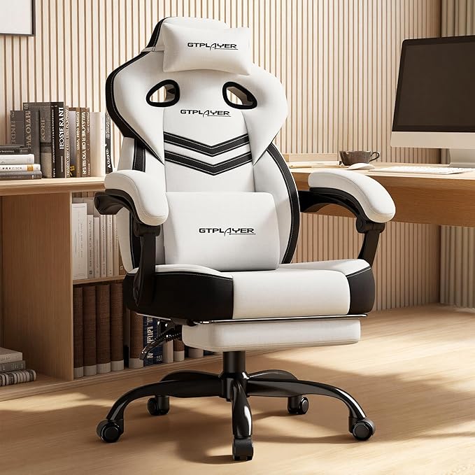 GTPLAYER Gaming Chairs for Adult - Ergonomic Big & Tall Gaming Seat with Footrest & Lumbar Support, Comfortable Office Chair 90-155° Reclining - Heavy Duty Wide Computer Seat, Bright Grey