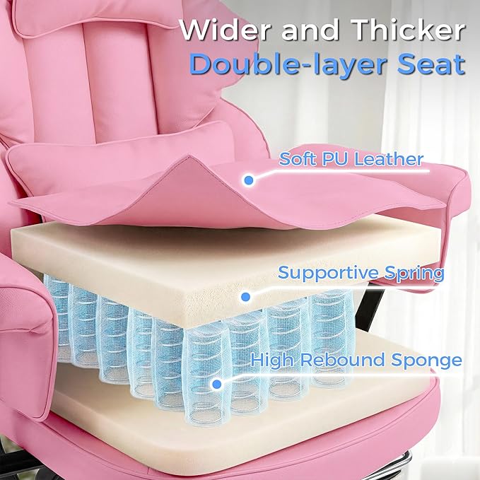 Big and Tall Massage Office Chair with Heat, Extra Wide Double-Layer Pocket Spring Cushion, High Back Reclining Gaming Chair with Adjustable Armrests & Footrest, Heavy Duty Ergonomic Chair, Pink