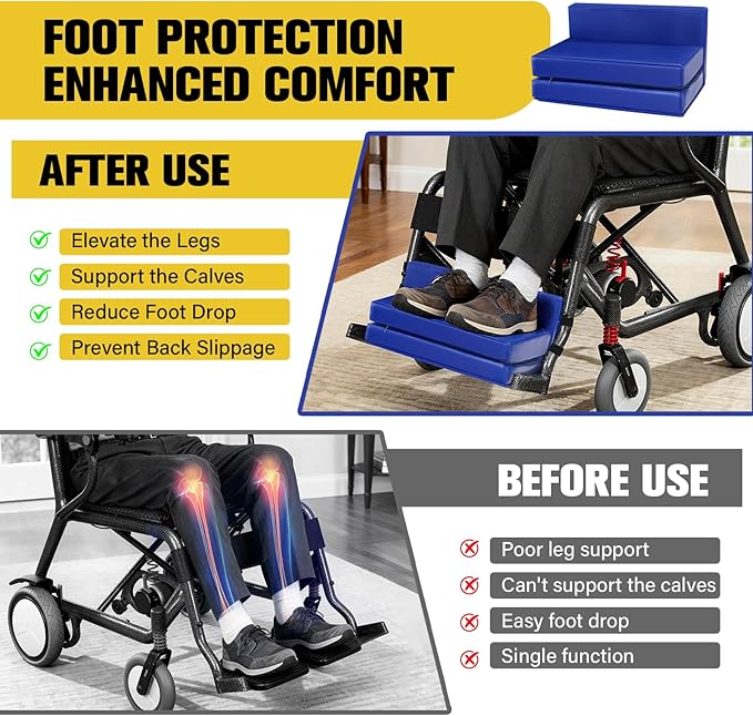 JZHLLA Adjustable Wheelchair Footrest High Density Foam Wheelchair Leg Rest Waterproof PU Leather Wheelchair Foot Support Soft Leg Cushion Protector for Home Hospital