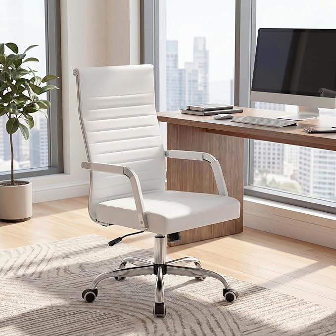 Furmax Ergonomic Office Desk Chair, Executive Ribbed Mid-Back PU Leather Conference Room Chair Adjustable Swivel Chair with Arms (4, White)