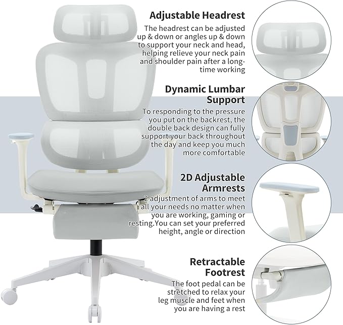 Ergonomic Office Chair with Footrest, 90-135° Reclining High Back Desk Chair with Lumbar Support, 2D Headrest, 2D Armrests, Computer Chair for Long Hours, Light Grey