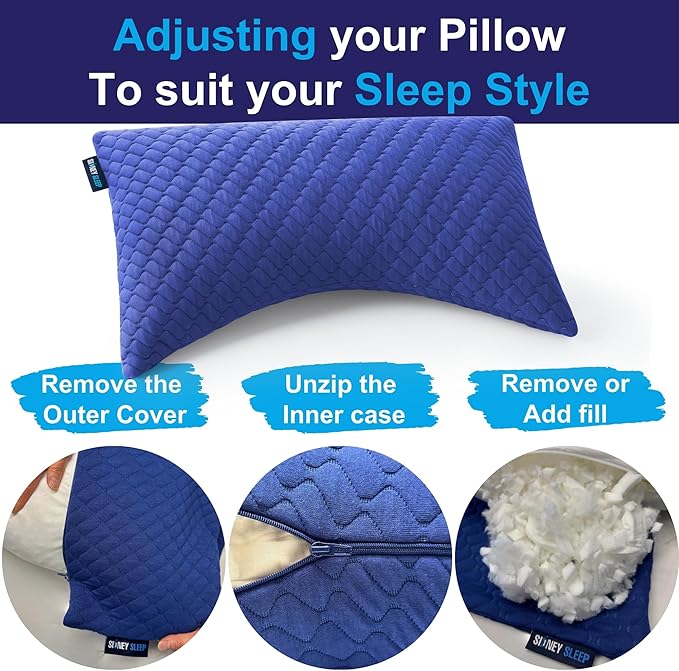 Sidney Sleep Adjustable Curved Pillows for Neck and Shoulder Support with Extra Shredded Fill - Cervical Contour Pillow for Side and Back Sleepers - Queen Size 19" x 29" - CertiPUR-US Certified (Blue)